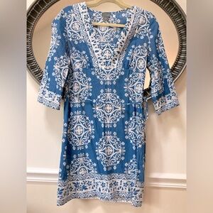 Ann Taylor Linen and Cotton Dress Oversized 2 Blue and White
